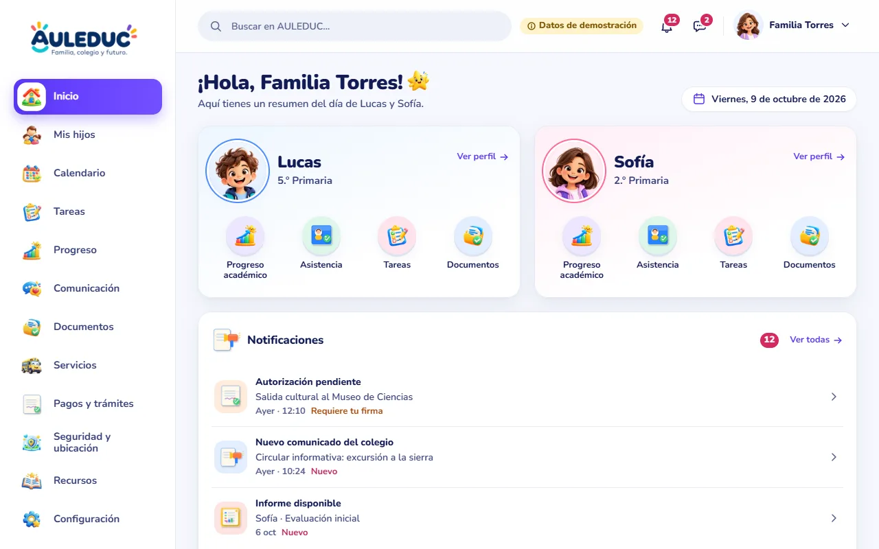 Pantalla de inicio de una familia en Colegui, con datos de demostración